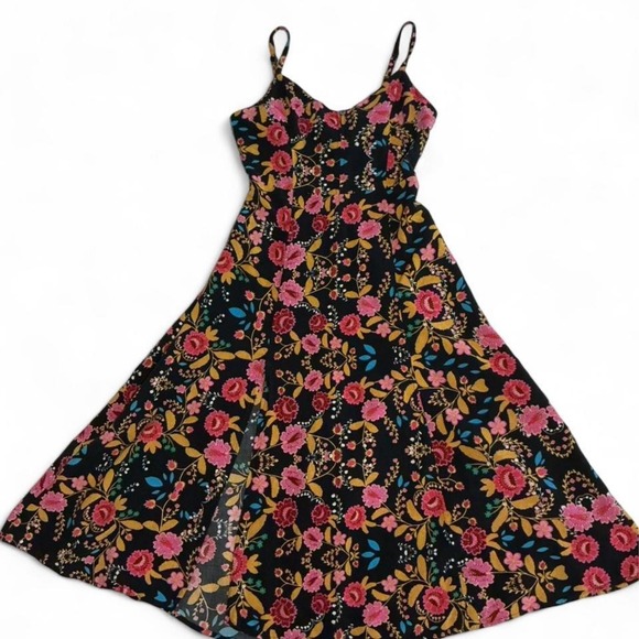 Express Dresses & Skirts - Express Floral Midi Dress Womens XS Black Pink Excellent Front Slit Sundress